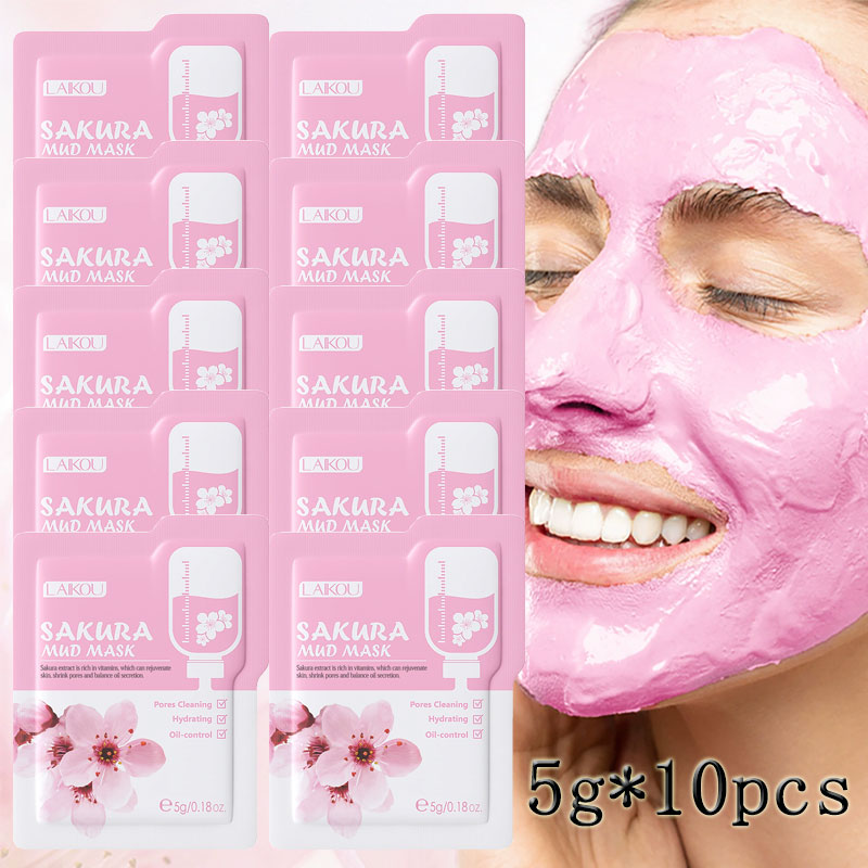 Mud Mask Kaolin - 10 stuksLAIKOU Sakura moddermaskerzak, hydraterend, anti-rimpel,