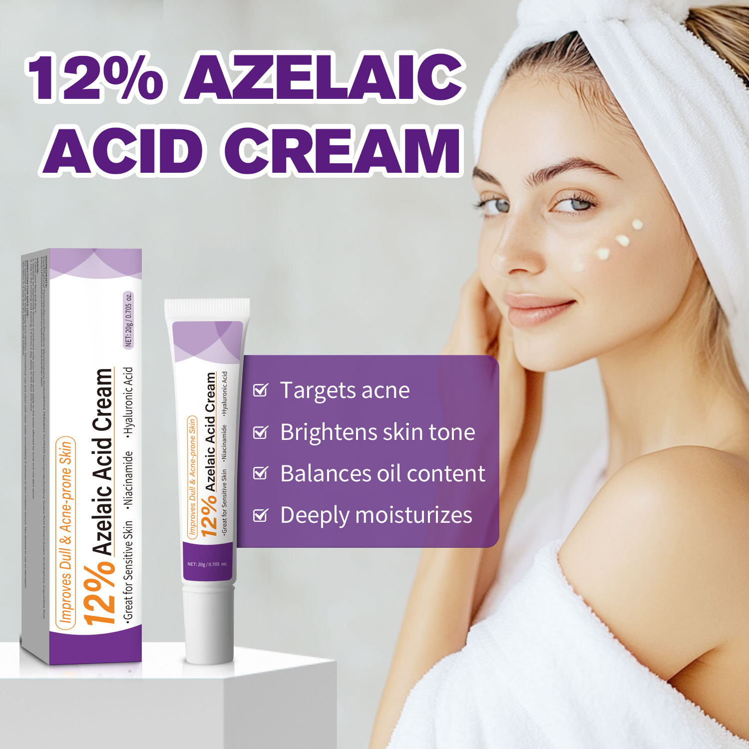 Azelaic Acid Cream - Milde Azelaïnezuurcrème verbetert de doffe huid,